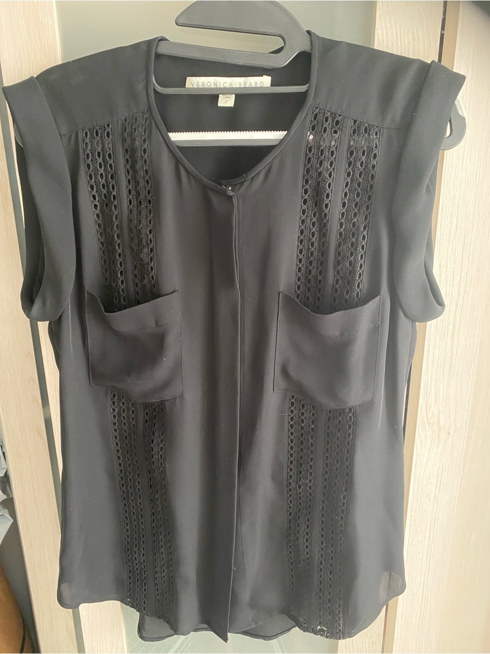 Veronica Beard Black Sleeveless Lace-Trim Blouse